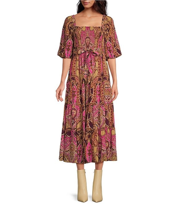 A Loves A Paisley Print Square Neck Short Sleeve Smocked Midi Dress ...