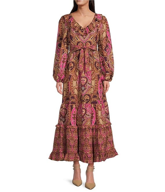 A Loves A Paisley Printed Long Sleeve V-Neck Ruffled Maxi Dress | Dillard's