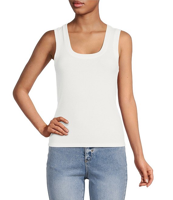 Color:Ivory - Image 1 - Ribbed Knit Scoop Neck Sleeveless Tank