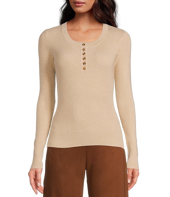 Color:H. Oatmeal - Image 1 - Scoop Neck Long Sleeve Ribbed Knit Button Front Henley Sweater