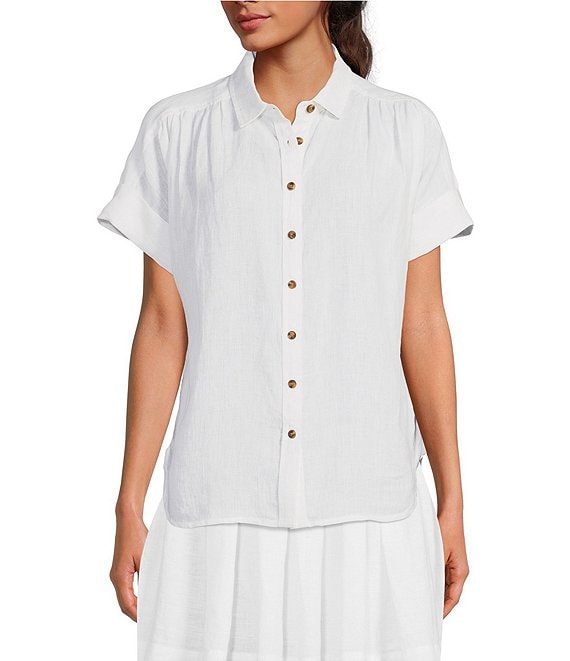 Color:White - Image 1 - Short Sleeve Point Collar Button Front Coordinating Linen Shirt