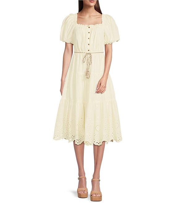 A Loves A Square Neck Short Puff Sleeve Embroidered Eyelet Belted Tiered Voile Dress