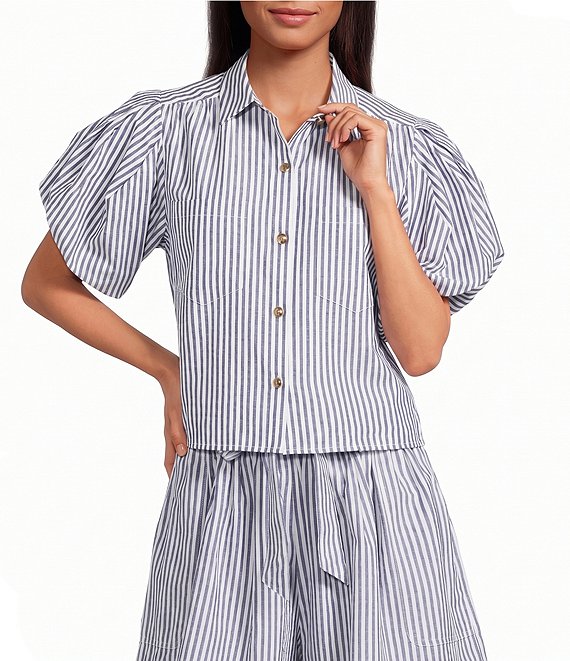 A Loves A Striped Collared Button Front Short Puff Sleeve Cropped Coordinating Shirt