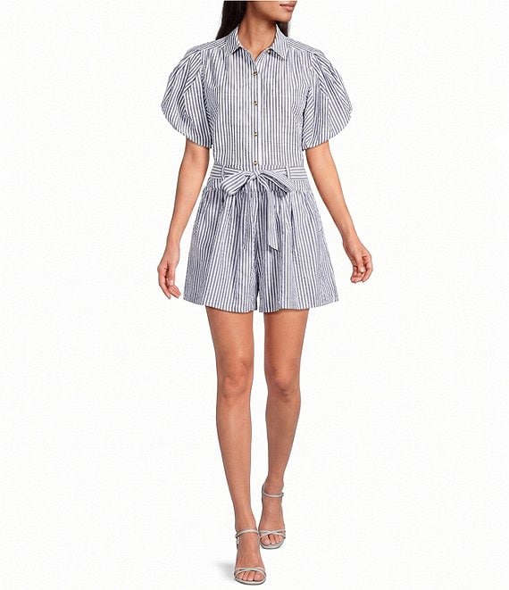 A Loves A Striped Collared Button Front Short Puff Sleeve Cropped Coordinating Shirt