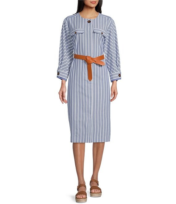 A Loves A Striped Print Convertible Neck 3/4 Cuff Sleeve Button Front Belted Midi Shirt Dress