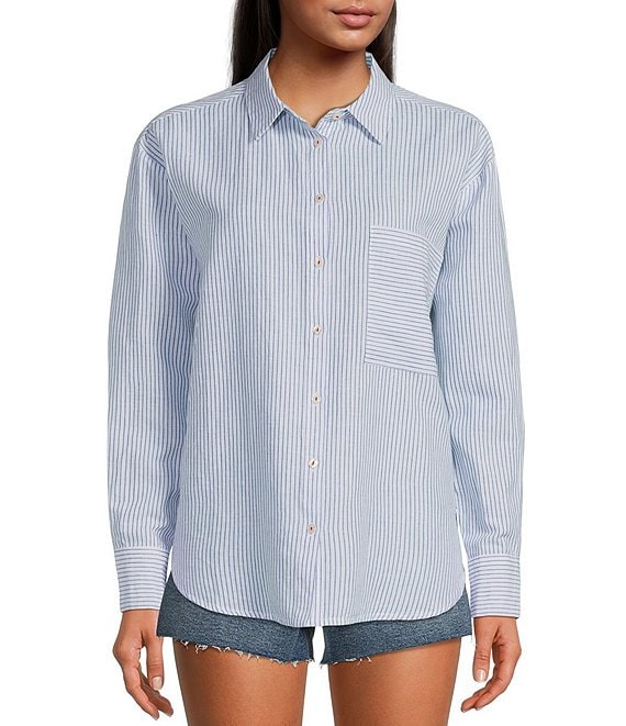 A Loves A Striped Print Long Sleeve Point Collar Patch Pocket Button Front Shirt