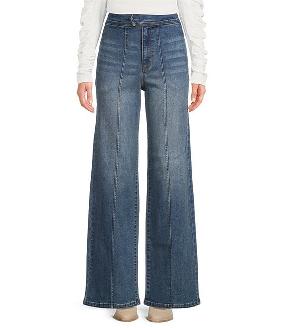 Color:Vintage Wash - Image 1 - Wide Leg High Rise Slash Pocket Vintage Wash Jeans