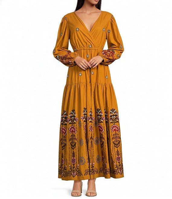 A Loves A Woven Floral Print Surplice Long Balloon Sleeve Tie Back Tiered A-Line Flounce Maxi Dress, Dark Blaze - Image 1