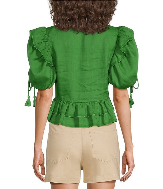 A Loves A Woven Ruffle Split V-Neck Short Bubble Sleeve Cropped