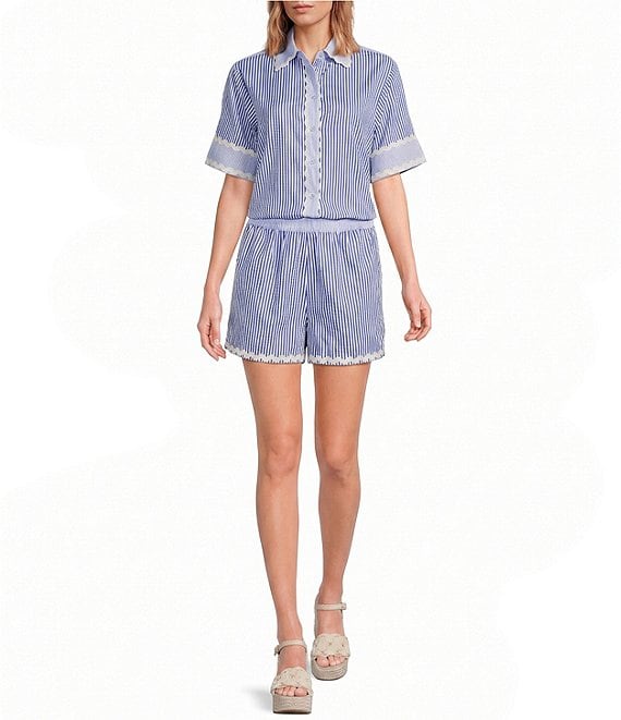 A Loves A Woven Striped Collared Short Sleeve Button Front Coordinating Shirt