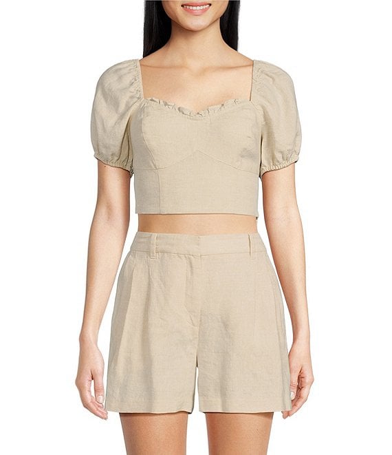 Color:Taupe - Image 1 - Woven Sweetheart Neck Short Sleeve Cropped Linen Coordinating Top