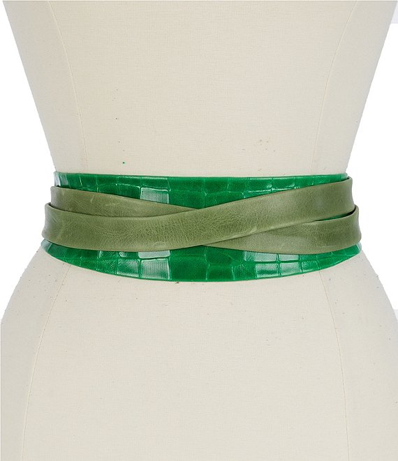 Color:Green - Image 1 - 3#double; Classic Crocodile-Embossed Leather Wrap Belt