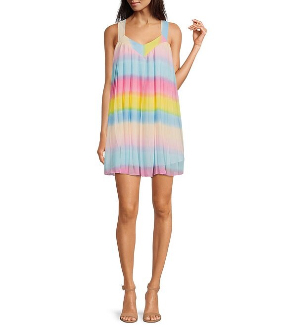 Color:Rainbow - Image 1 - Babydoll V-Neck Sleeveless Criss Cross Back Detail Rainbow Ombre Pleated Waistless Mini Dress