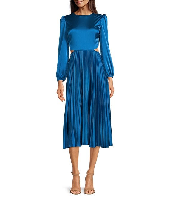 Color:Blue - Image 1 - Crew Neck Long Blouson Sleeve Pleated Side Cut Out Midi Dress