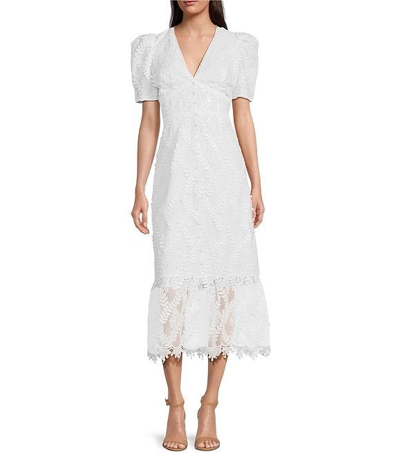 Adelyn Rae Embroidered Lace V Neckline Short Sleeve Midi Dress | Dillard's