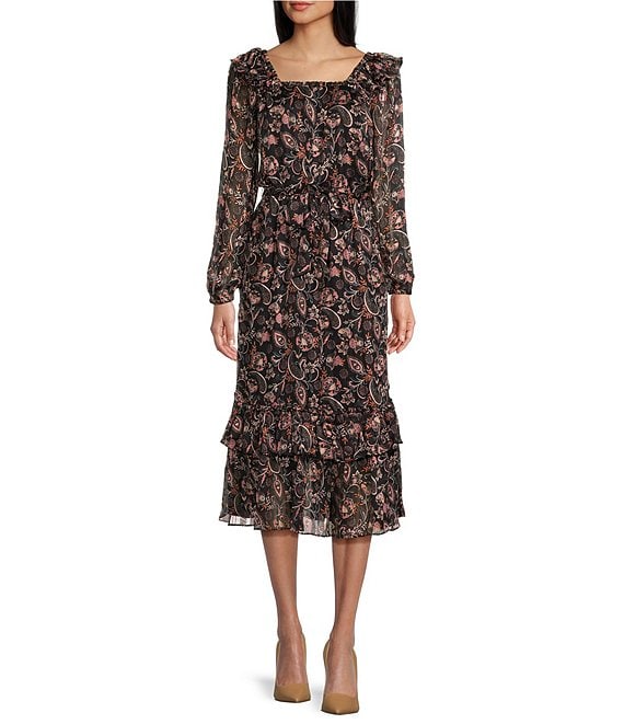 Square Neck Ruffle Trim Midi Dress - Women's Sleeveless Floral