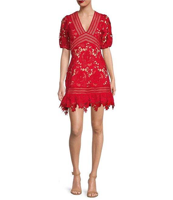 Color:Red - Image 1 - V-Neck 3D Floral Lace Short Sleeve Sheath Tonal Trim Scallop Hem Dress