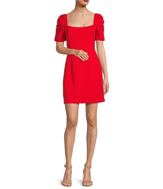 Adelyn Rae Stretch Square Neckline Short Puff Sleeve Mini Dress | Dillard's