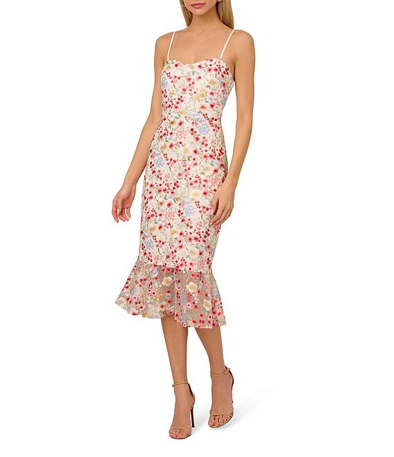 【海外限定】AdriannaPapell ドレス☆Floral Bead Mesh Midi Dre Adrianna by Adrianna Papell Embroidered Mesh Floral Print