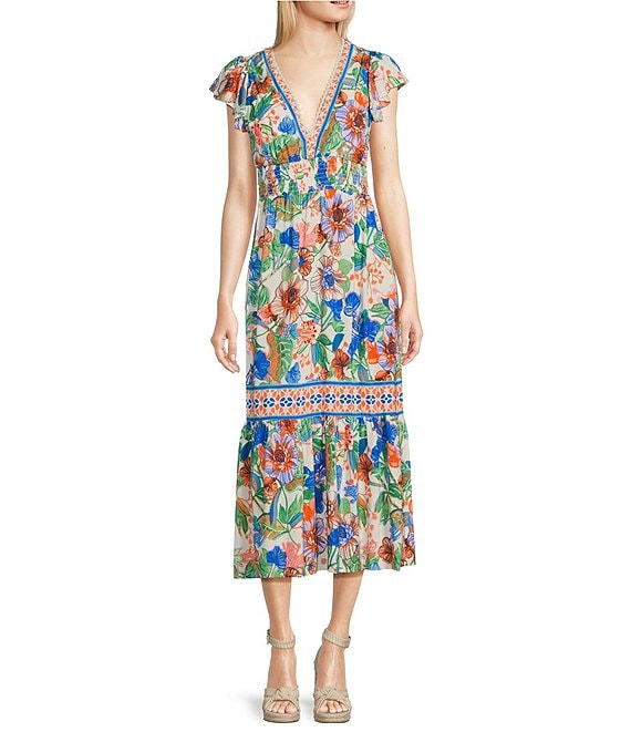 Adrianna by Adrianna Papell Floral V-Neckline Flutter Cap Sleeve Midi ...