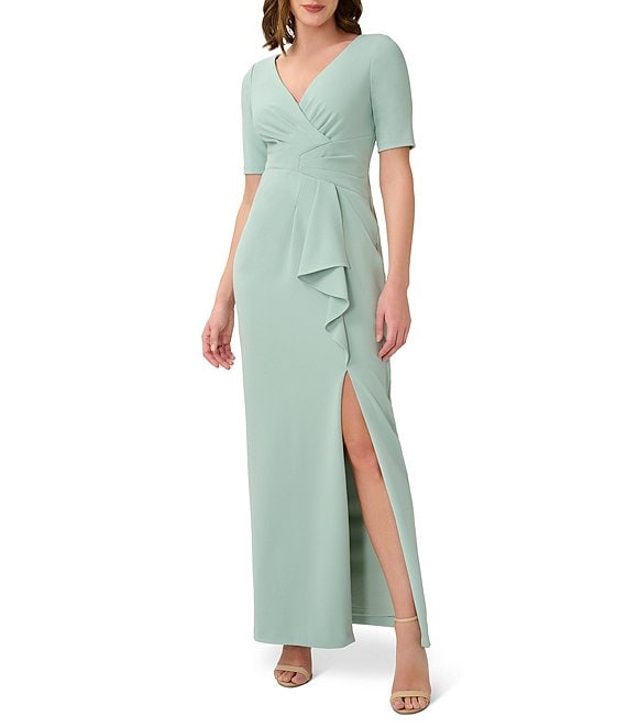 Color:Icy Sage - Image 1 - Stretch Surplice V-Neck Short Sleeve Long Draped Front Slit Gown