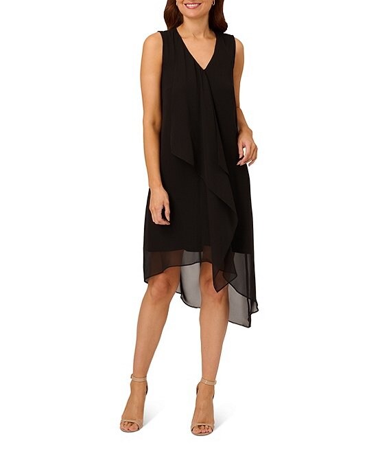 Adrianna Papell Sleeveless V Neck Draped Chiffon Overlay