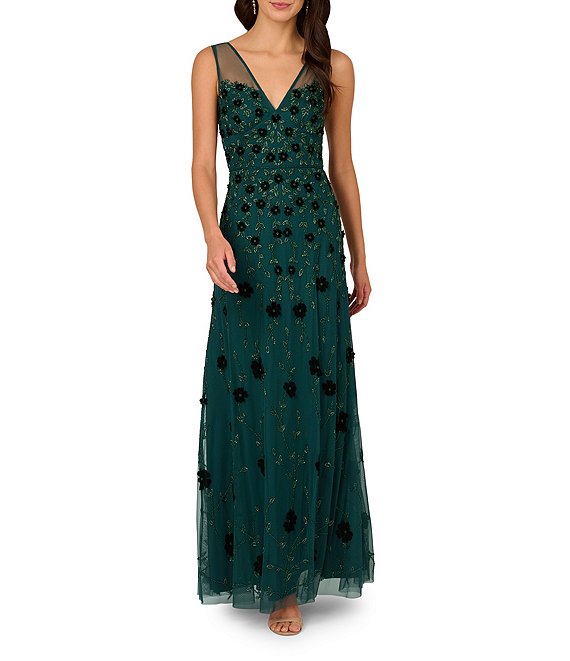 Adrianna Papell Beaded 3D Floral Mesh V Neck Sleeveless Gown