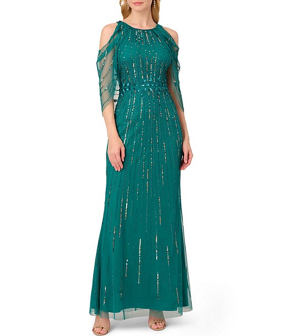 Allover Beaded Cold Shoulder Evening Gown
