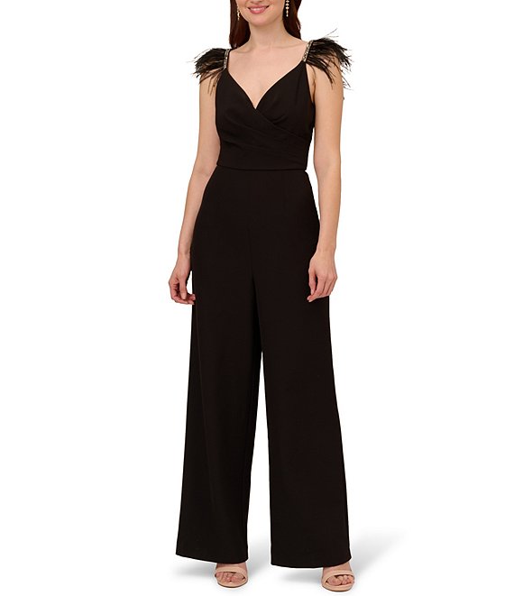 Adrianna Papell Beaded Feather Crepe Surplice V Neckline Jumpsuit