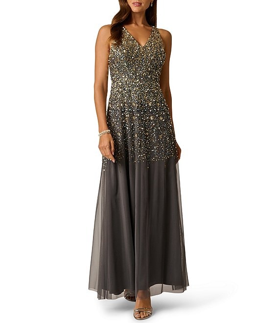 Adrianna Papell Beaded Halter Long Dress