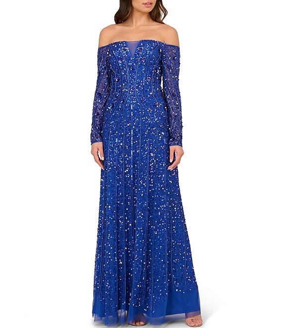 Adrianna Papell Off-The-Shoulder Long Sleeve Beaded Mesh Gown