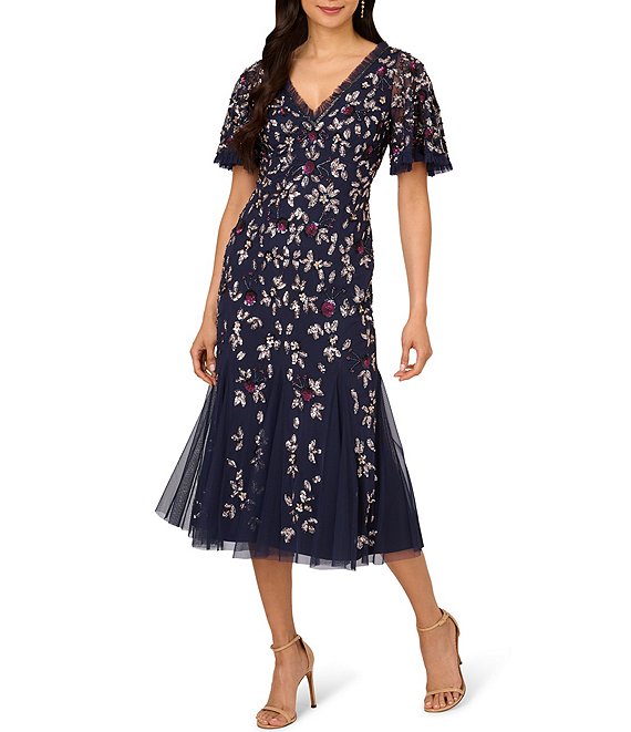 Adrianna Papell Beaded Mesh Ruffle V-Neck Short Flutter Sleeve Godet Midi  Dress | Dillard's