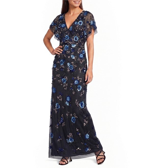 adrianna papell flutter sleeve beaded cocktail dress Beaded Ankle Length Dress With Sheer Flutter Sleeves In Moonscape