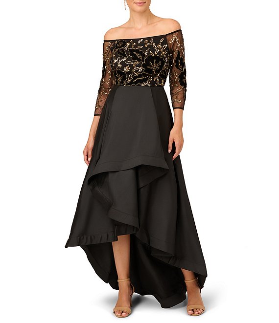 Color:Black Gold - Image 1 - Beaded Off-the-Shoulder 3/4 Sleeve Taffeta Gown