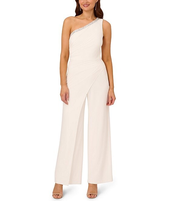 Adrianna Papell Beaded One Shoulder Sleeveless Stretch Jersey Jumpsuit ...