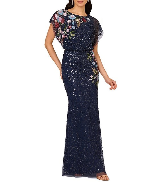 Adrianna Papell Beaded Sequin Mesh Floral Mermaid Boat Neck Short Dolman Sleeve Gown Dillards 3539