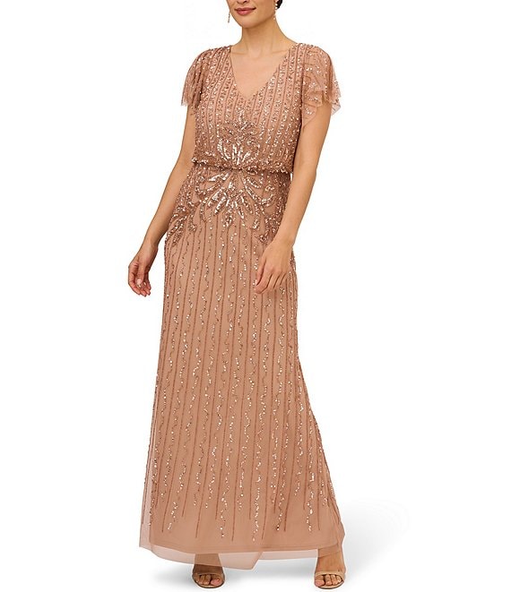 Adrianna Papell Beaded Sequin Mesh V-Neck Illusion Flutter Sleeve Blouson  Gown | Dillard's