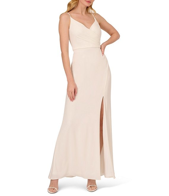 Color:Ivory - Image 1 - Beaded Spaghetti Strap Sweetheart Neckline Draped Gown