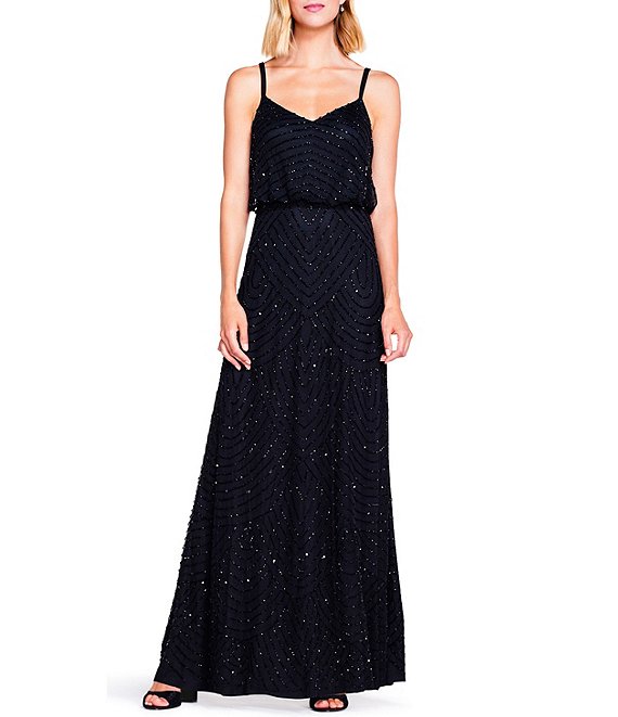 Adrianna Papell Beaded V Neck Blouson Sleeveless Gown