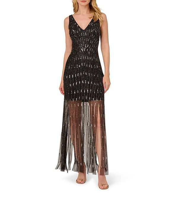 Adrianna Papell Beaded V-Neck Sleeveless Illusion Sheer Hem A-Line Maxi  Dress