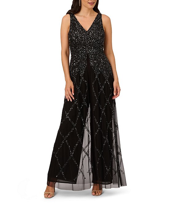 Adrianna Papell Beaded V Neck Sleeveless Walk Thru Jumpsuit