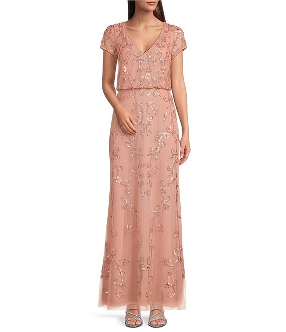 Adrianna Papell Beaded V Neckline Cap Sleeve Blouson Gown