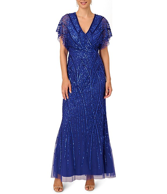 Color:Ultra Blue - Image 1 - Beaded V-Neckline Short Sleeve Gown