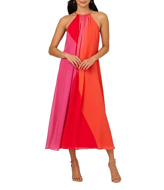 Adrianna Papell Chiffon Color Block Halter Neck Sleeveless Maxi Dress, Red Multi - Image 1