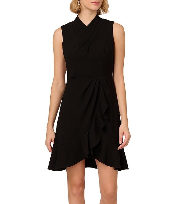 Adrianna Papell Chiffon Crepe Pleated Cowl Neck Sleeveless Faux Wrap Mini Dress