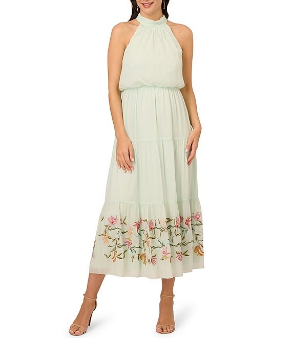 Adrianna Papell Chiffon Mock Halter Neck Sleeveless Beaded Border Blouson Dress