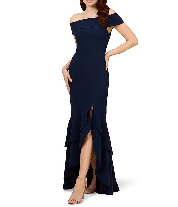 Color:Navy - Image 1 - Crepe Ruffle Short Sleeve Off-the-Shoulder High-Low Layered Gown