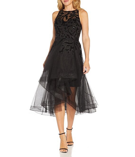 Color:Black - Image 1 - Crew Neck Cascading Velvet High-Low Tulle Midi Dress