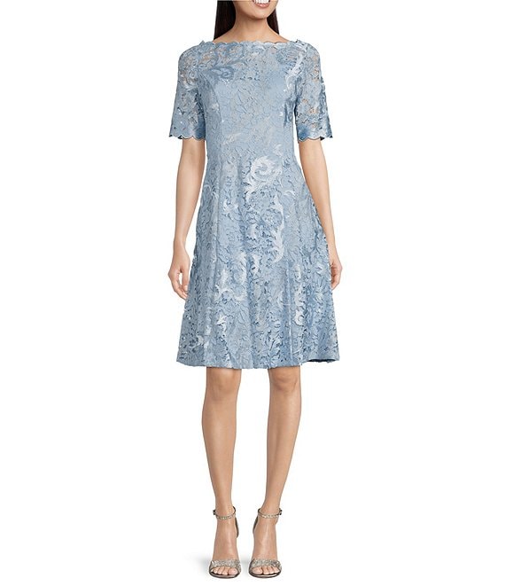 para agregar Interpretativo granero Adrianna Papell Embroidered Lace Boat Neck Short Sleeve Dress | Dillard's