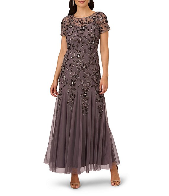 Adrianna Papell Round Neck Short Sleeve Floral Beaded Mesh Godet Fit and Flare Gown Dillard s